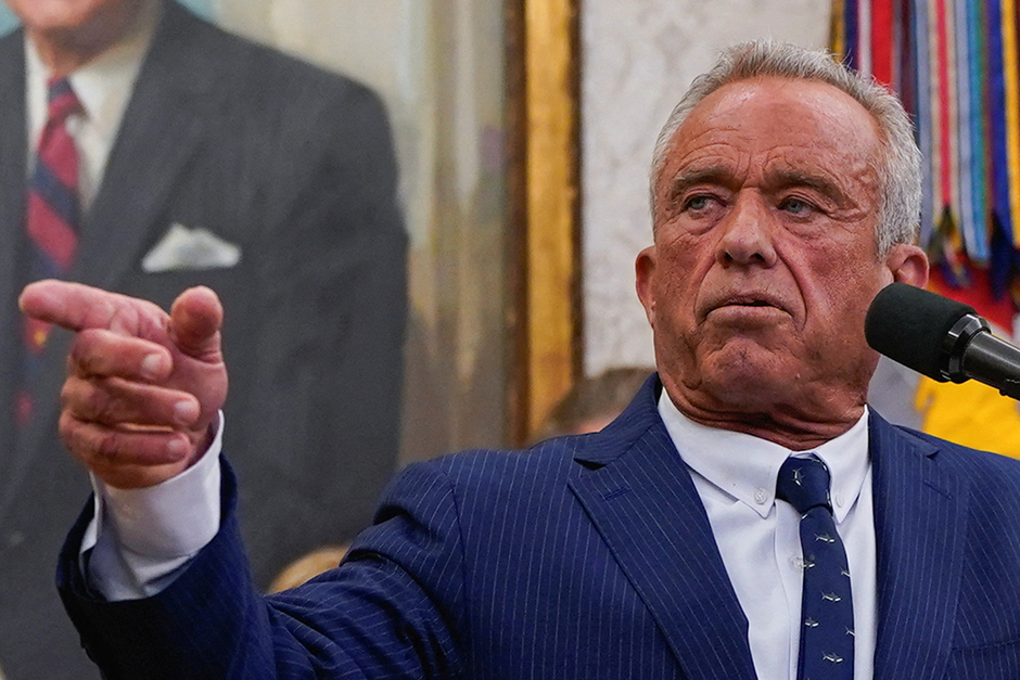 Robert F. Kennedy Jr. speaking in the Oval Office of the White House on the day he is sworn in as secretary of Health and Human Services on Feb. 13.