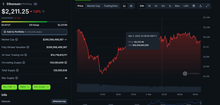 Ethereum Price Chart (24-Hour), Mar. 2, 2025