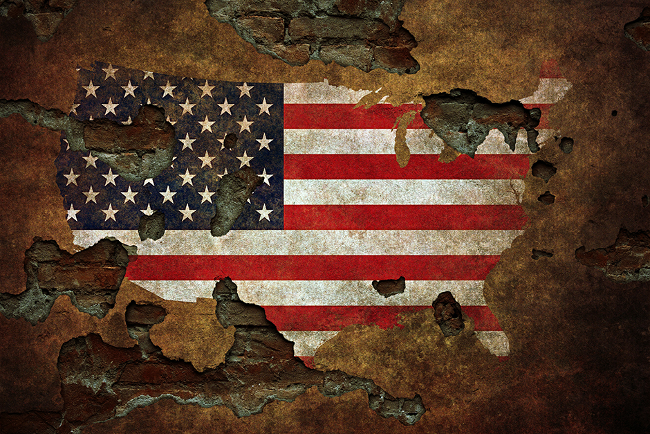Rusted map of the United States with stars and stripes