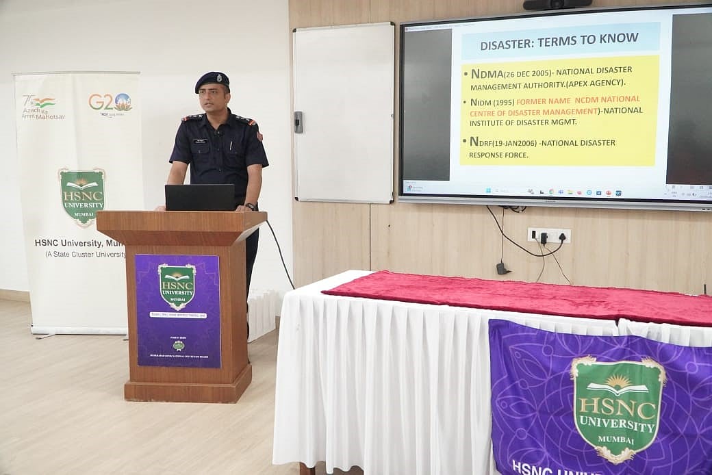Inspector Gaurav Chauhan from the 5th Battalion, NDRF, RRC Mumbai during his detailed presentation at the Disaster Preparedness Workshop at HSNC University, Mumbai
