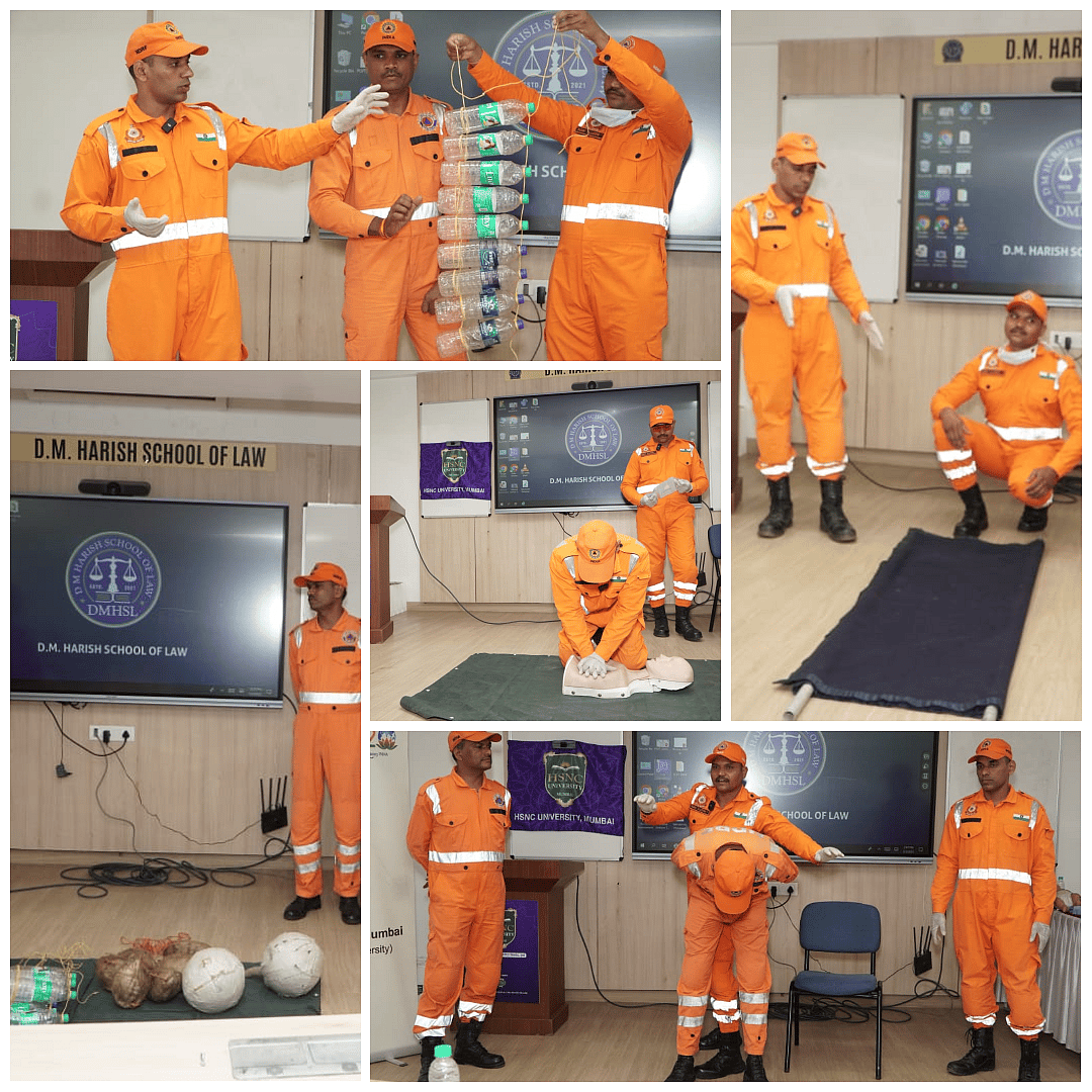 Preparedness in Practice: The NDRF team engages students with hands-on demonstrations—teaching life-saving skills like CPR, creating makeshift stretchers from bedsheets, and crafting flotation devices—equipping them with practical tools for emergency response.