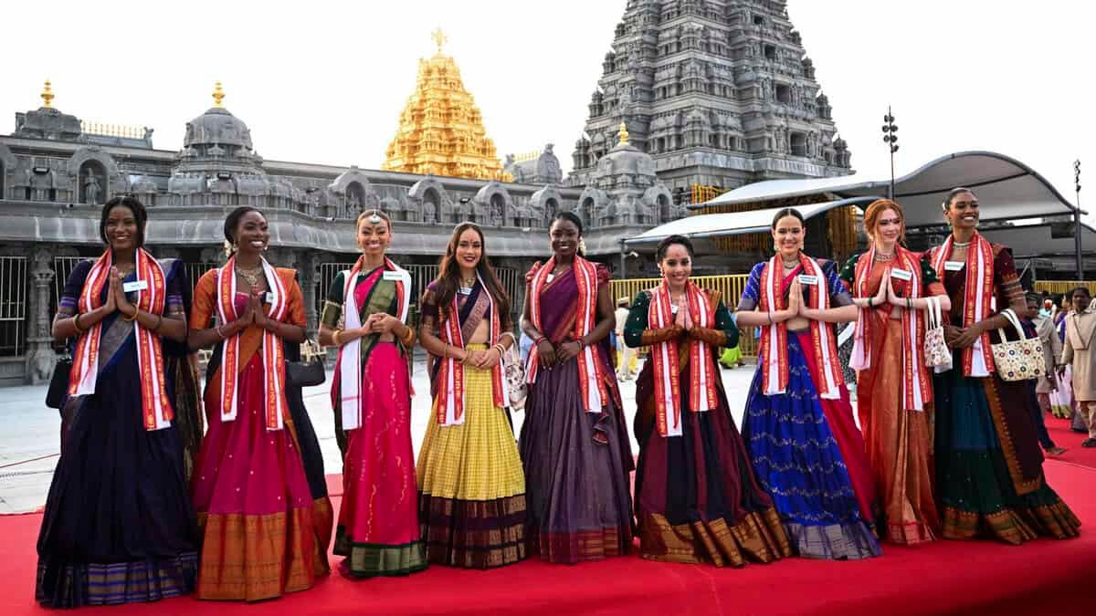 Miss World contestants visit a temple in Telangana