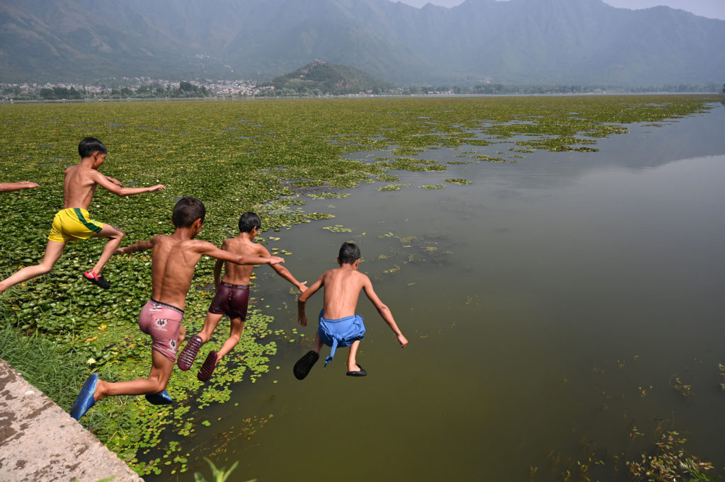 Children Swim In Dal Lake To Beat Summer Heat In Srinagar