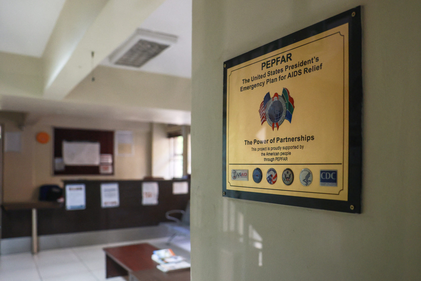 A plaque inside a medical facility in Pretoria, South Africa, showing that the facility was funded by the U.S. President's Emergency Plan for AIDS Relief, or PEPFAR.