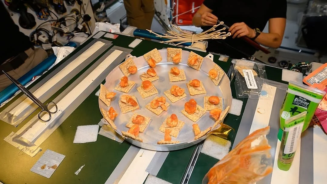 Shubhanshu Shukla with Axiom-4 crew members enjoying meal on ISS