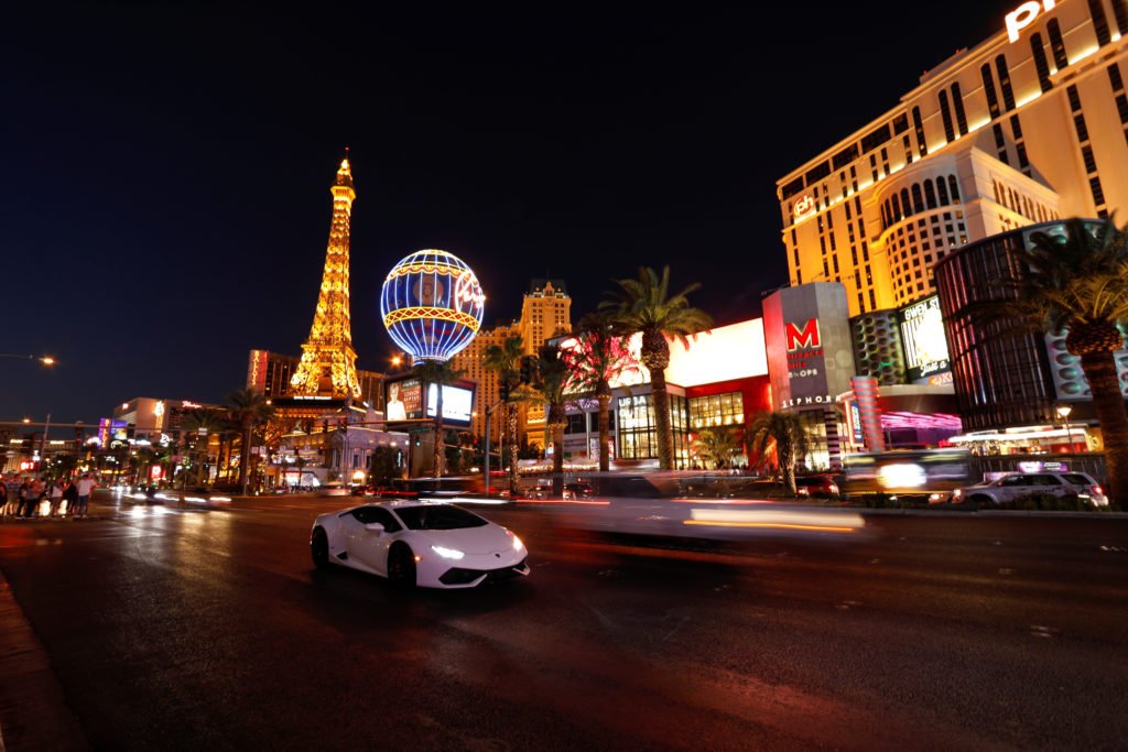 Traffic travels along the Las Vegas Strip in Las Vegas