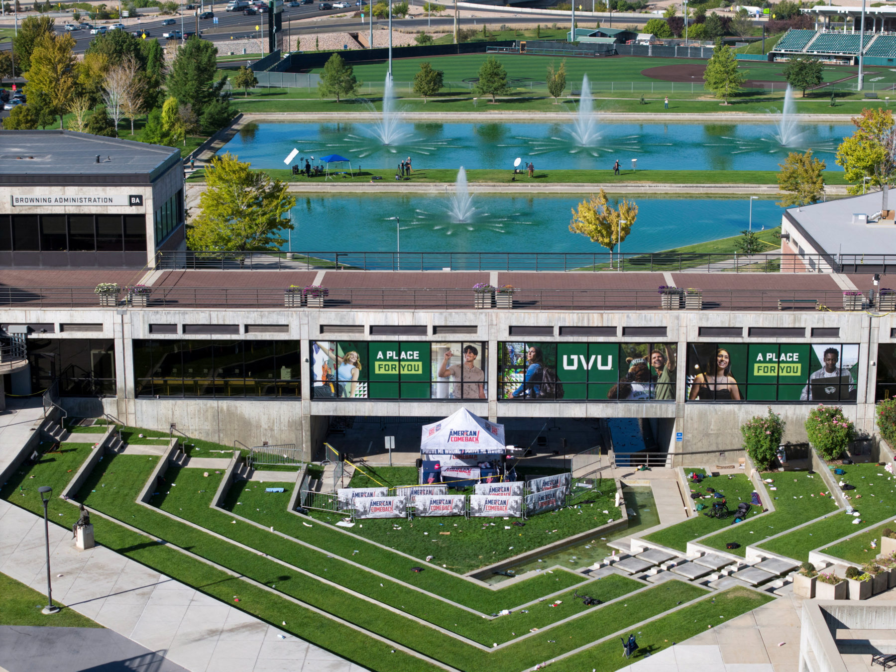 A drone view shows the scene where Charlie Kirk was fatally shot at Utah Valley University event, in Orem