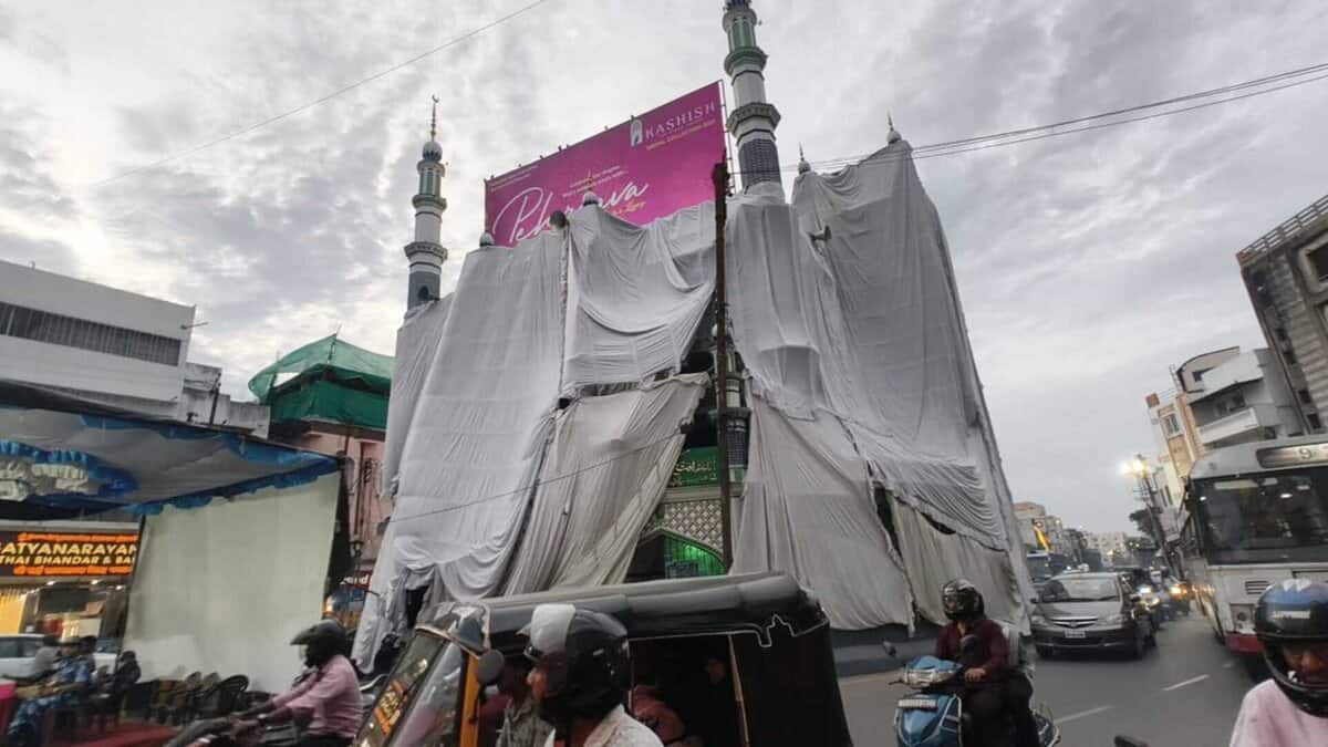 Mosques covered with cloth ahead of Ganesh procession in Hyderabad.