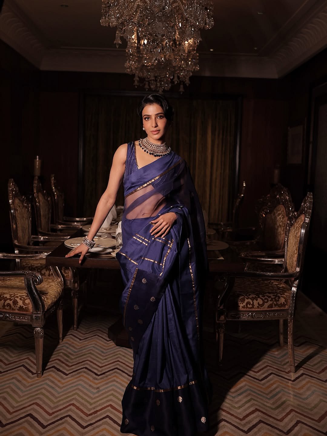 The classic six-yard featured intricate gold thread work, a gossamer texture and a sheer pallu
