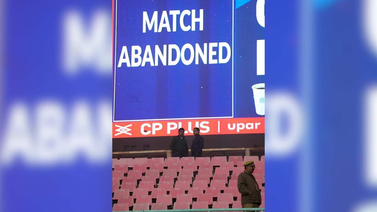 A display with "Match Abandoned" on it, ahead of the fourth T20 International cricket match of a series between India and South Africa, at Ekana Cricket Stadium in Lucknow, Wednesday, Dec. 17, 2025. The match was called off due to poor visibility caused by dense layer of smog. (PTI