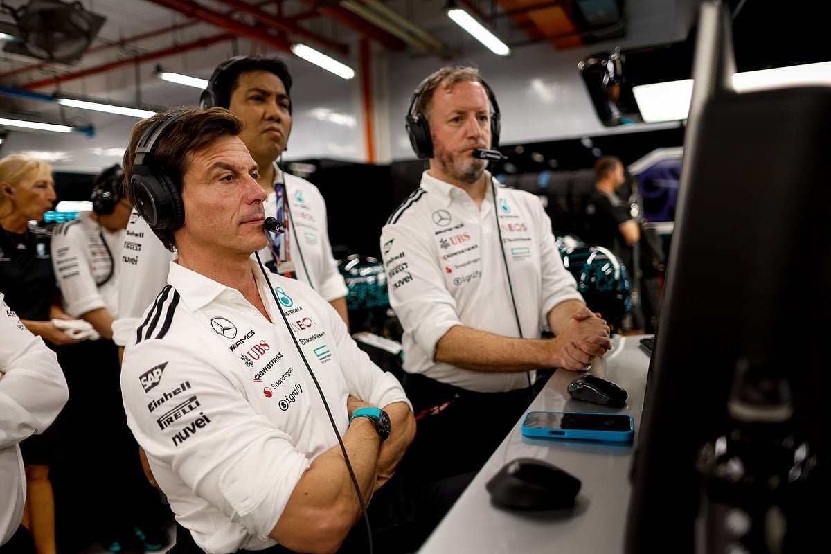 Toto Wolff, CEO and Team Principal, Mercedes F1, sporting IWC Schaffhausen's Big Pilot’s Watch Shock Absorber XPL at the 2025 Singapore Grand Prix