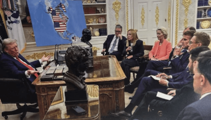 Trump presents a new map showing Greenland, Canada and Venezuela as US territory.