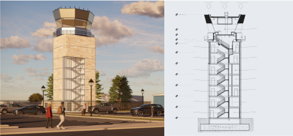 Visual rendering and line diagram of an air traffic control tower. 