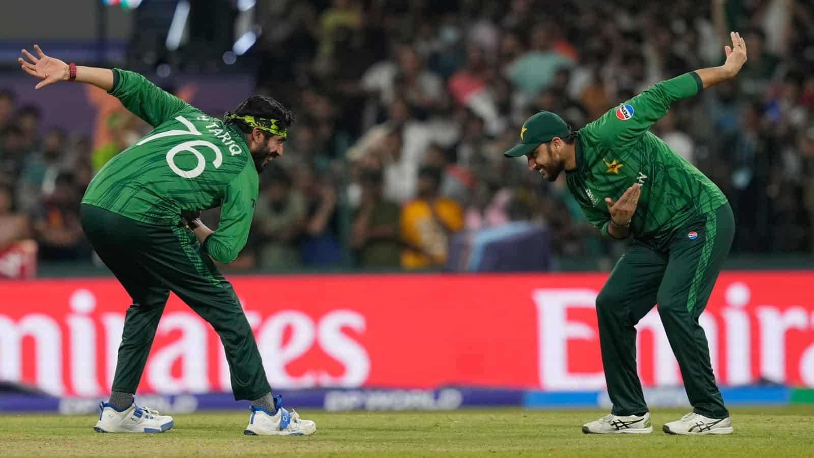 Pakistan cricket players celebrating during the T20 World Cup match against the USA.