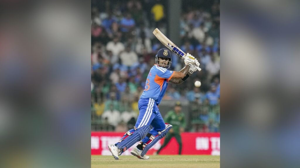 Pak cricket player batting during T20 World Cup 2026 match against India.