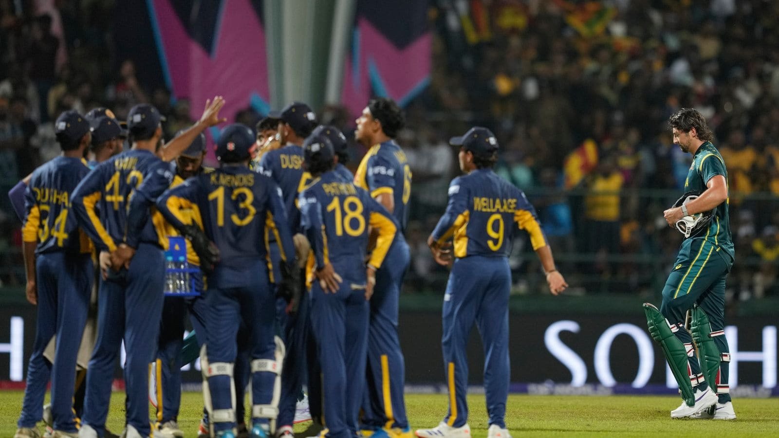 Sri Lanka cricket team celebrating after winning T20 World Cup 2026 match.