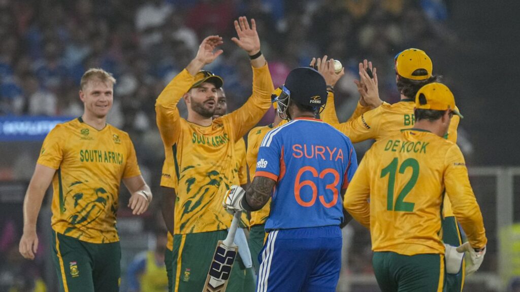South Africa players celebrate after winning against India in a T20 World Cup match at Ahmedabad.