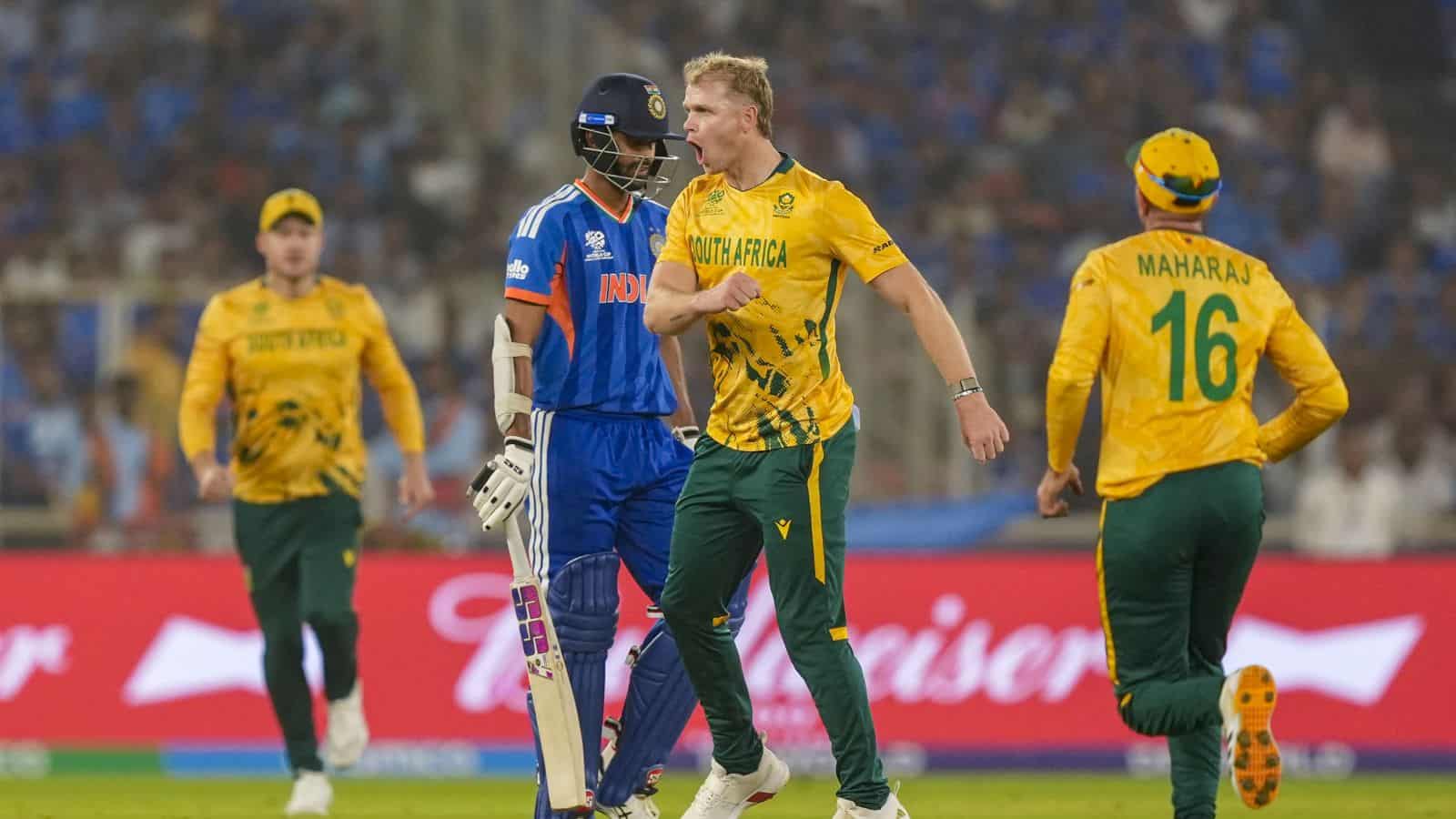 South African cricketers celebrate during the T20 World Cup 2026 match against India.