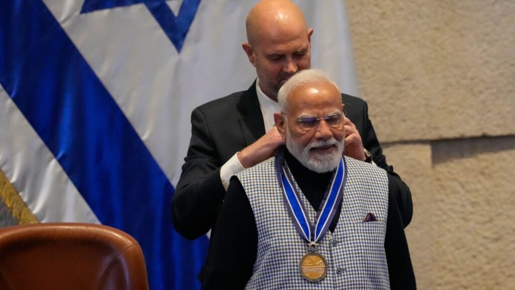 Indian Prime Minister Modi with Israeli Knesset leader during diplomatic meeting.