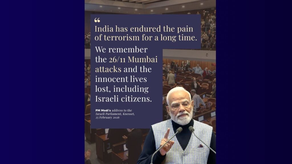 Indian Prime Minister Narendra Modi speaking at Knesset, showing India's support for Israel.