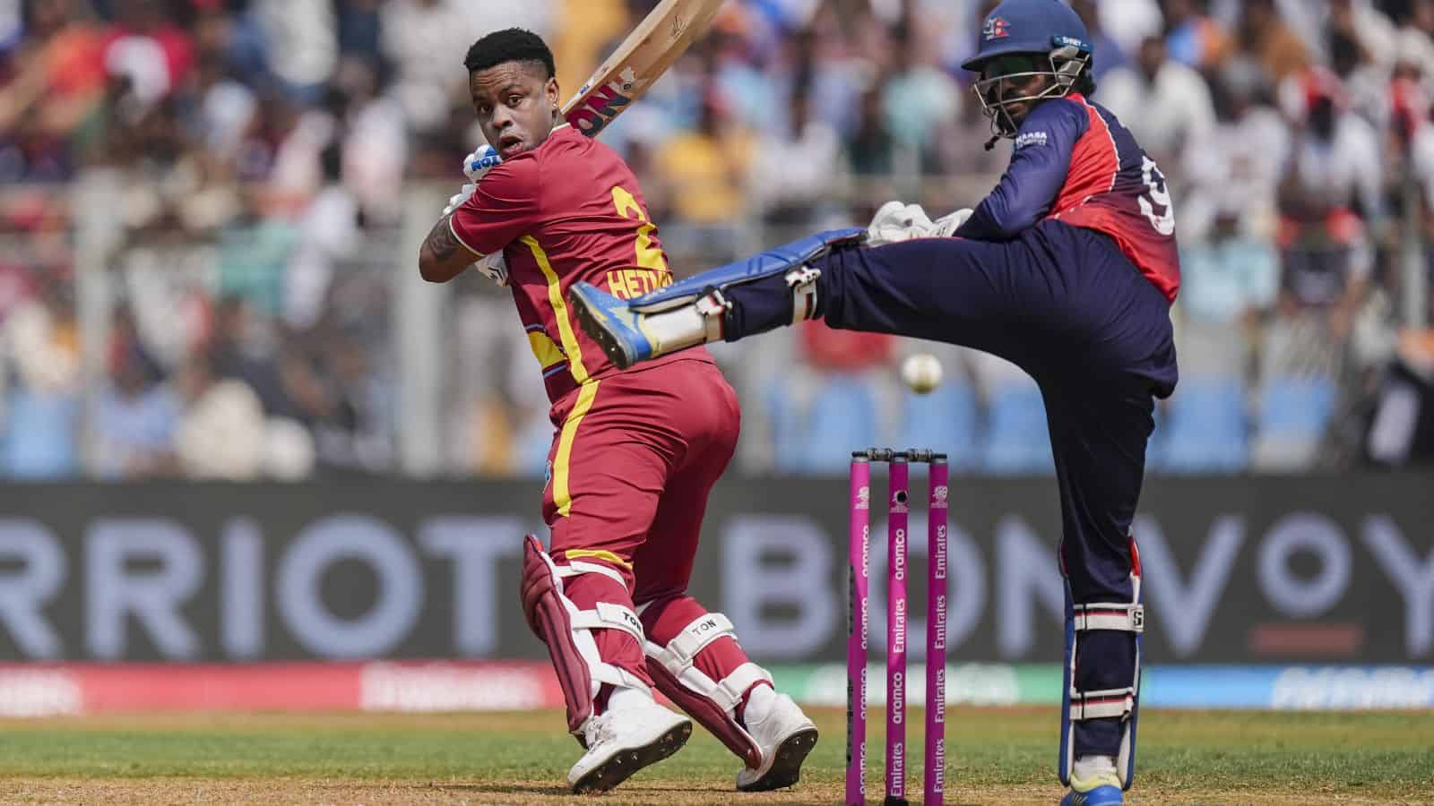 West Indies batter facing a fast bowler during T20 World Cup game.