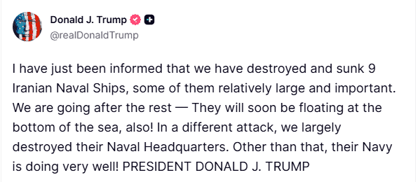 US destroys 9 Iranian naval ships amid rising tensions. Iran's naval headquarters hit; ships sinking at s.