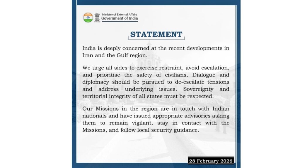 Official government statement on India’s stance amid Iran and Gulf region tensions, February 2026.