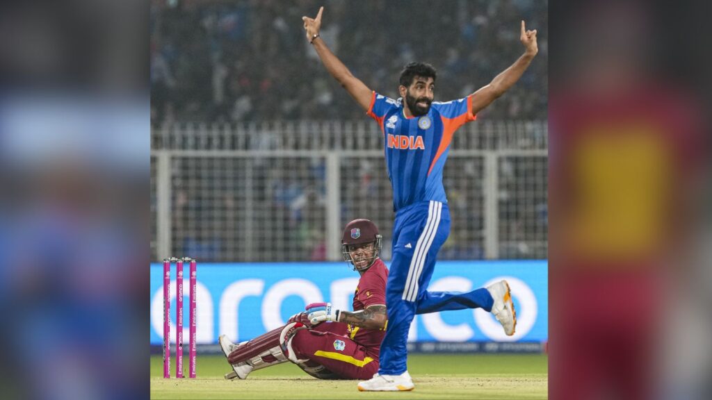 West Indies cricket player celebrating a successful shot in T20 World Cup 2026 match.