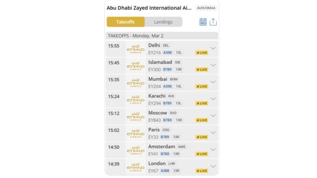 Flight schedule at Abu Dhabi Zayed International Airport showing departures to major cities.