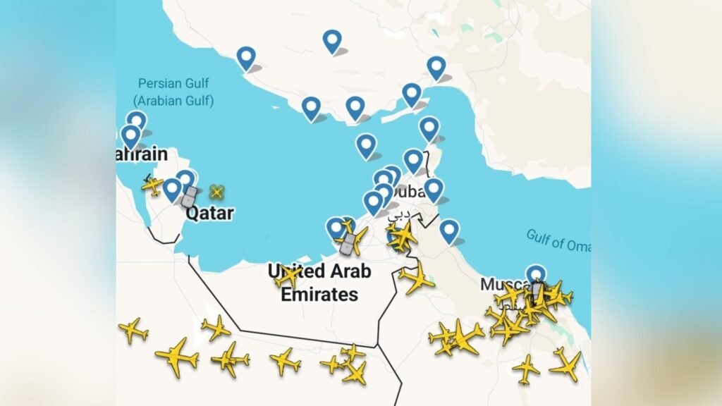 Map showing US and Middle East locations amid US-Israel attack and Dubai Airport opening.