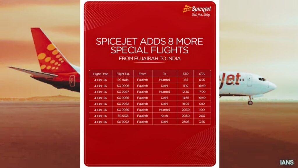 SpiceJet announces 8 additional special flights from Fuaijahr to India, starting March 4th, with schedule.