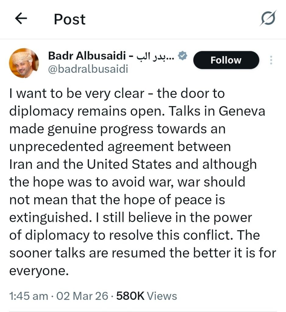 Screenshot of a post by Oman Foreign Minister Badr Albusaidi saying the door to diplomacy remains open and urging the resumption of Iran-US talks despite ongoing conflict.