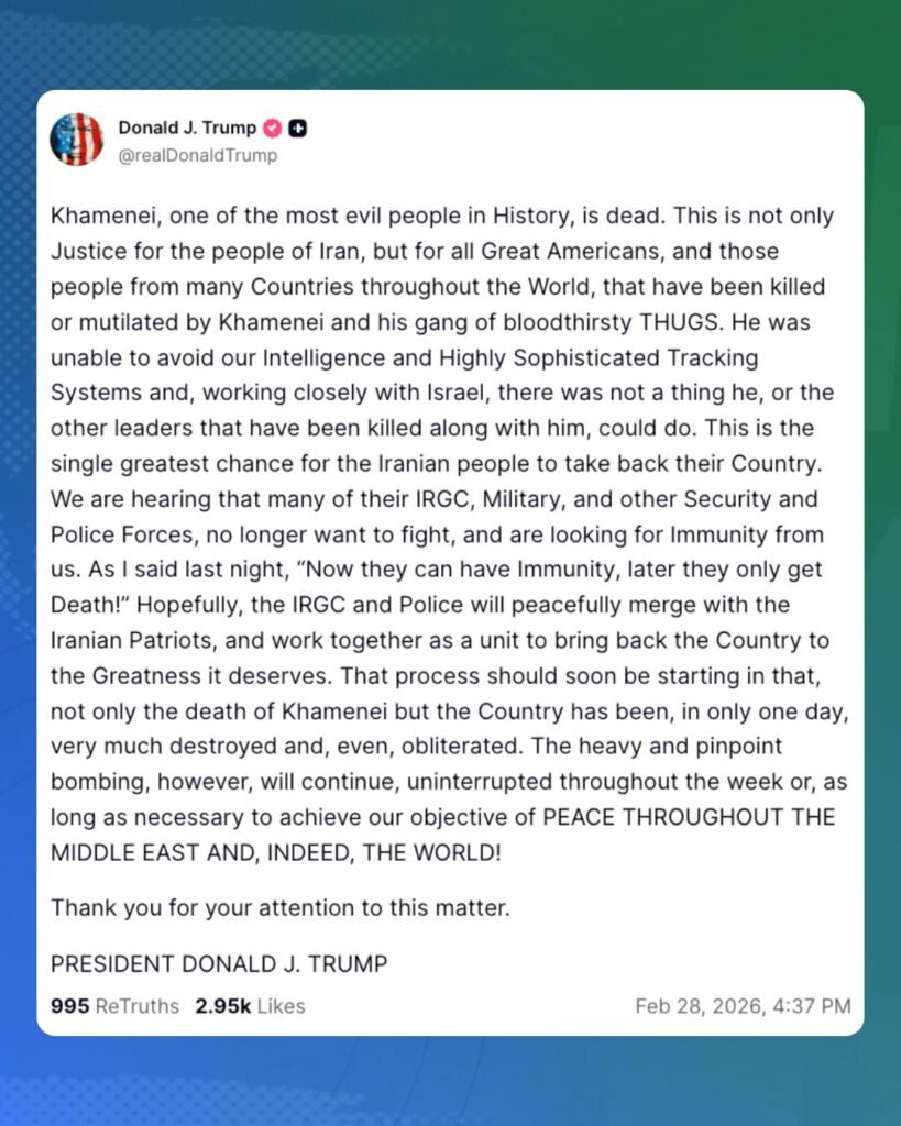 Screenshot of a social media post by Donald Trump claiming Iran’s Supreme Leader Ayatollah Ali Khamenei is dead and warning of continued bombing in the Middle East.