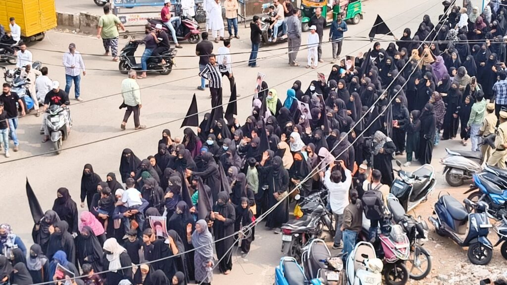 Women wearing black march in Hyderabad during a protest against the killing of Iran’s Supreme Leader Ayatollah Ali Khamenei.