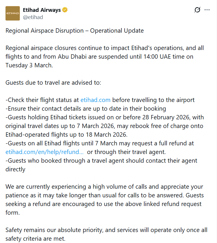 Etihad Airways flight disruption due to regional airspace closures affecting travel to Abu Dhabi.