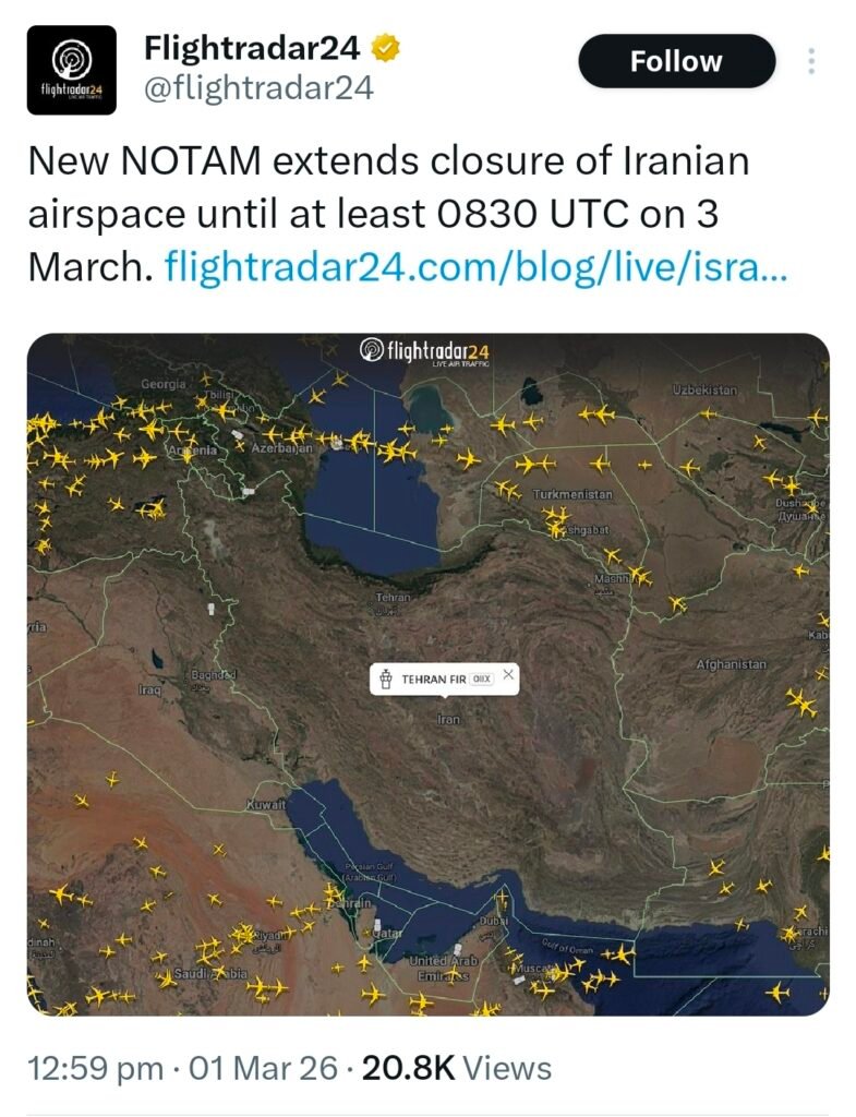 Flightradar24 map showing closed Iranian airspace with flights diverted around the country.