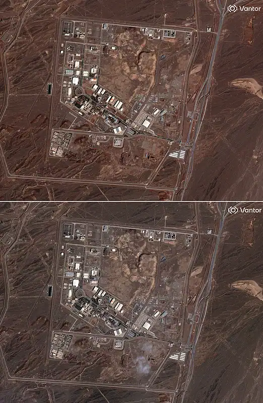 Before-and-after satellite images of Iran’s Natanz nuclear facility showing damage to buildings after reported strikes.
