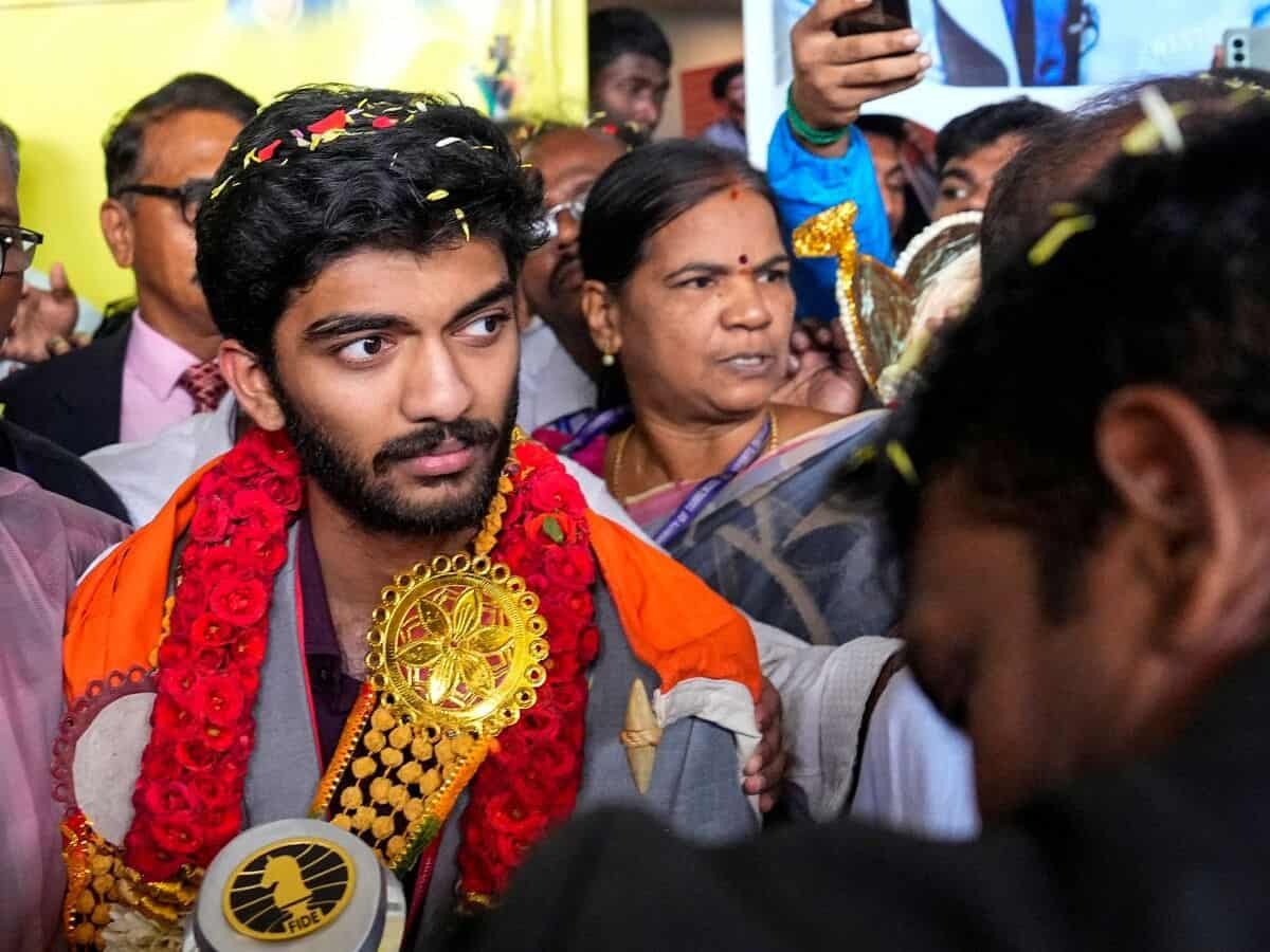 Photos: Newly-crowned world chess champion lands in Chennai