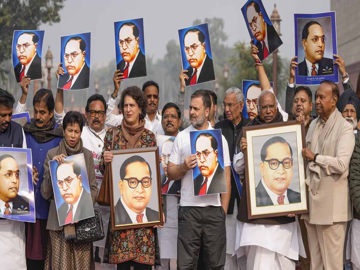 INDIA bloc MPs protest in Parliament premises, demand Amit Shah’s apology