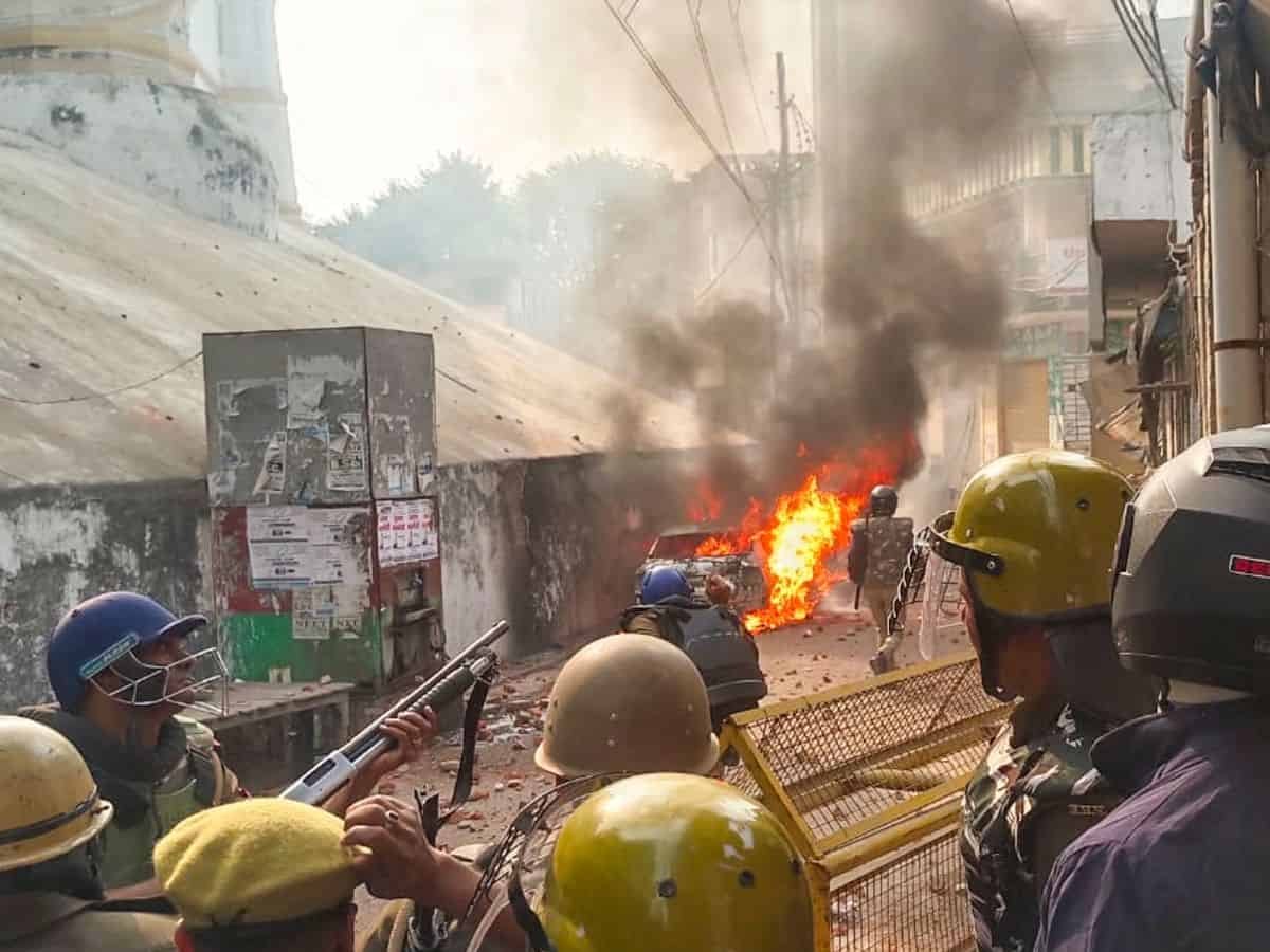 Police try to control situation after violence erupted during the second survey of the Jama Masjid, claimed to be originally the site of an ancient Hindu temple, in Sambhal, Sunday, Nov. 24, 2024. (PTI Photo)