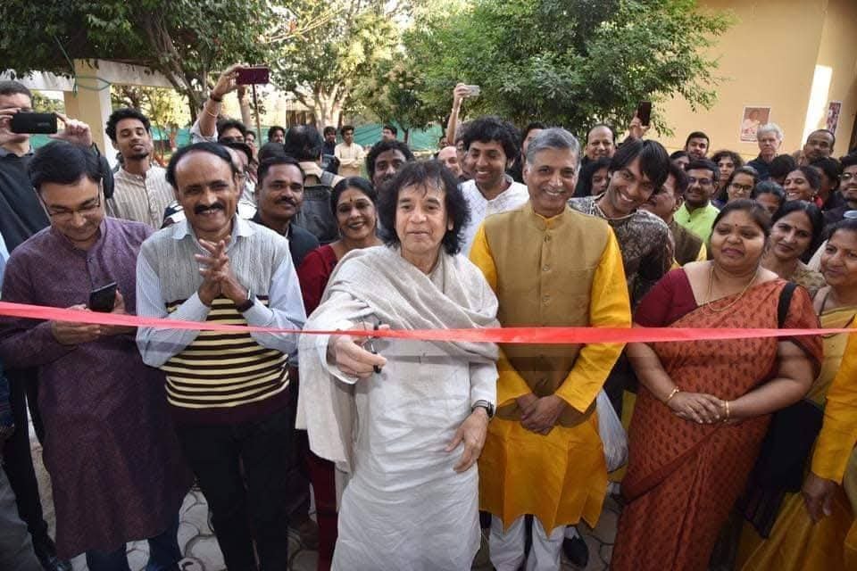 Legendary tabla maestro Ustad Zakir Hussain inaugurating a hostel at Dhrupad Sansthan, Bhopal in 2019. 
