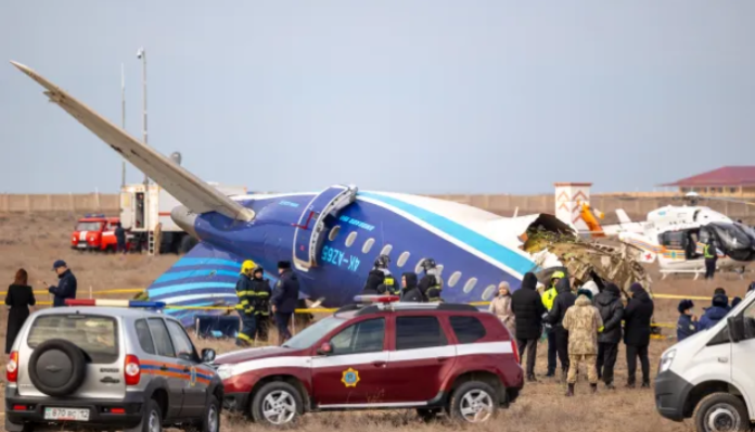 Emergency personnel are on the scene of the Azerbaijan Airlines passenger plane crash.
