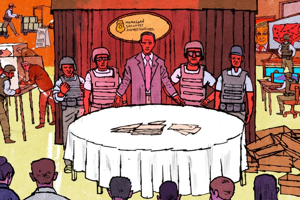illustration of a man in a suit flanked by armed guards standing behind a round table in front of an audience
